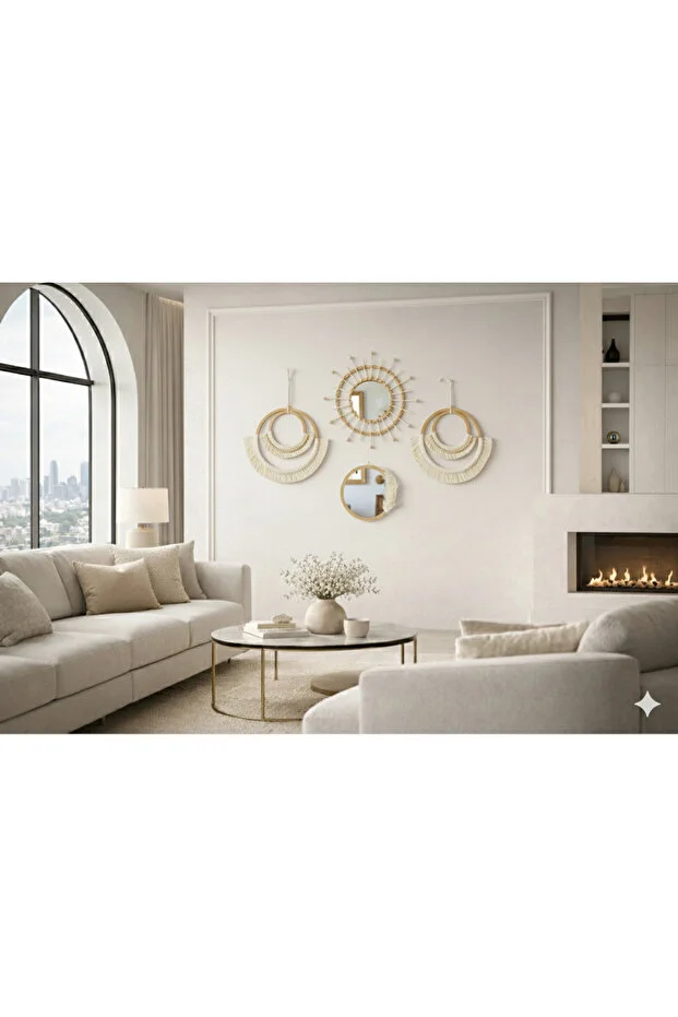 Makrome Bambu Ve Ahşap Ayna Duvar Dekorasyon Ürünü 4’lü Set